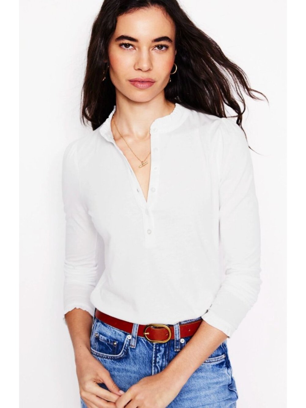NWT Boden Supersoft Frill Henley Top White-sz 14